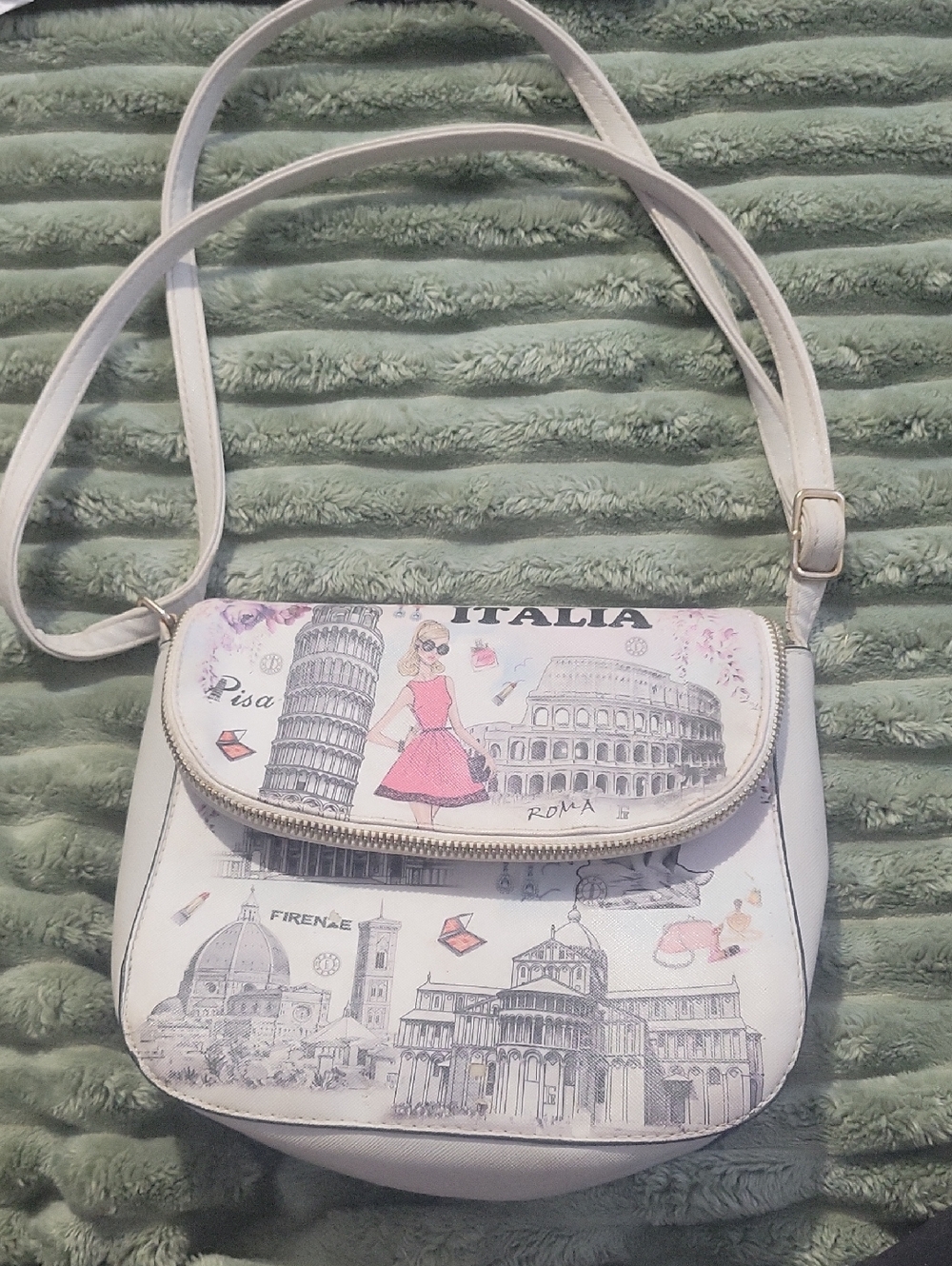 White Italia Print Crossbody Bag with Pink Accent
